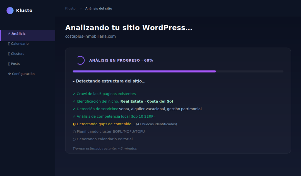 Klusto automatic site analysis screen identifying real estate SEO cluster opportunities