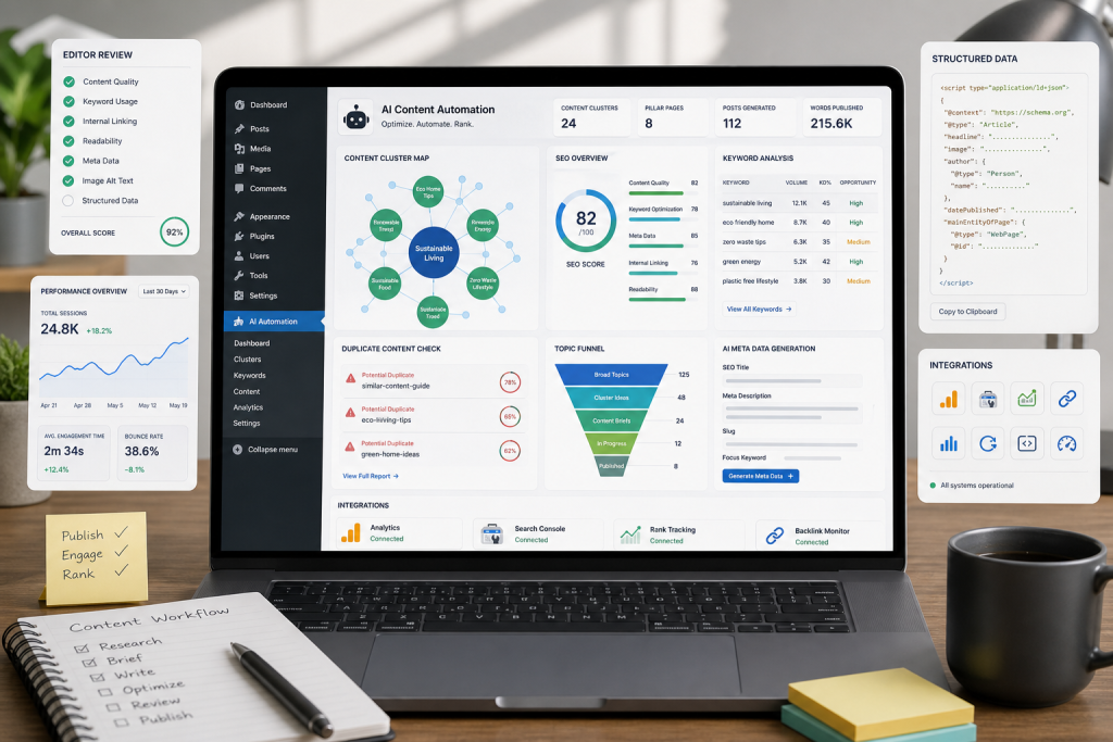 Editorial-style digital illustration of a modern WordPress dashboard on a laptop screen, showing an AI content automation plugin interface with content cluster map, SEO metrics, keyword analysis, duplicate-content warnings, topic funnel labels, metadata generation panels, and integration icons for analytics and SEO tools, surrounded by subtle workflow elements like an editor review checklist, performance charts, and structured data blocks; clean professional tech aesthetic, bright neutral workspace, blue and teal accents, high-detail UI mockup, realistic lighting, no readable text, no logos, no branding