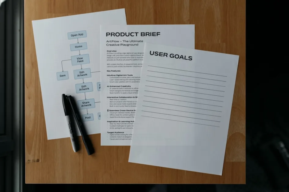 Documents and a pen lay on a wooden surface.
