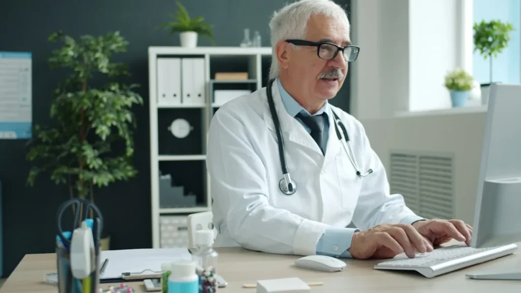 Physician typing content on a laptop to get patients without Doctoralia using SEO