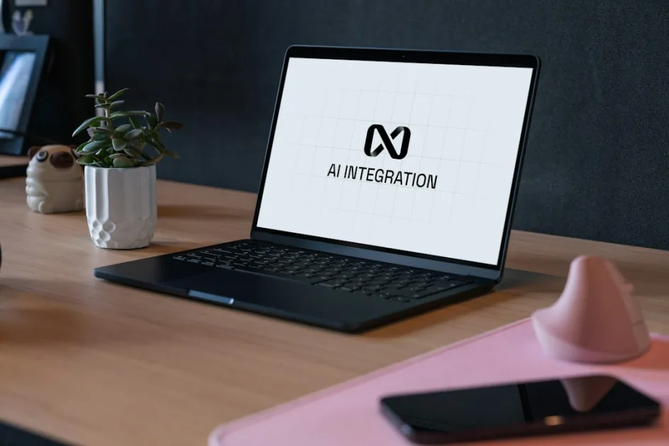 Laptop displaying ai integration logo on desk