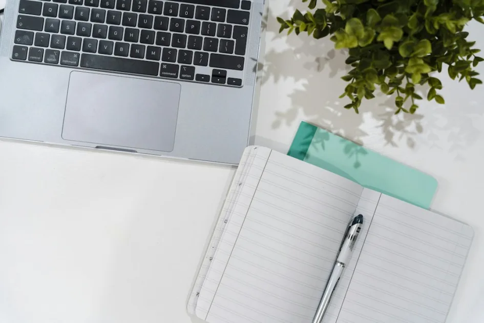 AI-assisted content writing workflow showing how AI works in SEO content production at a desk setup