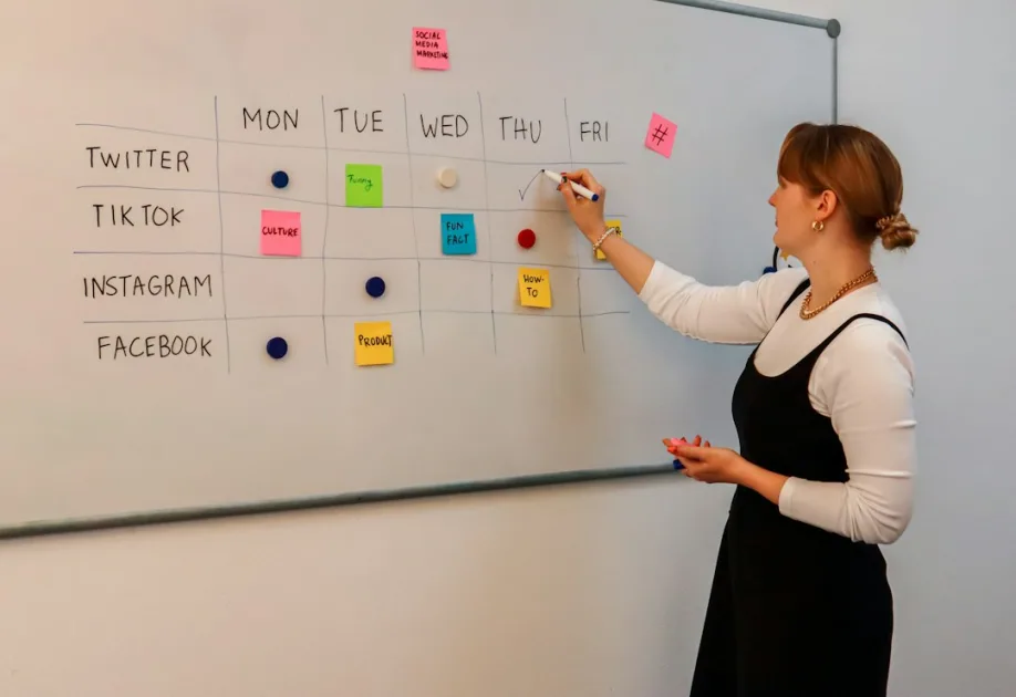 Automated SEO content editorial workflow planning on a whiteboard with sticky notes
